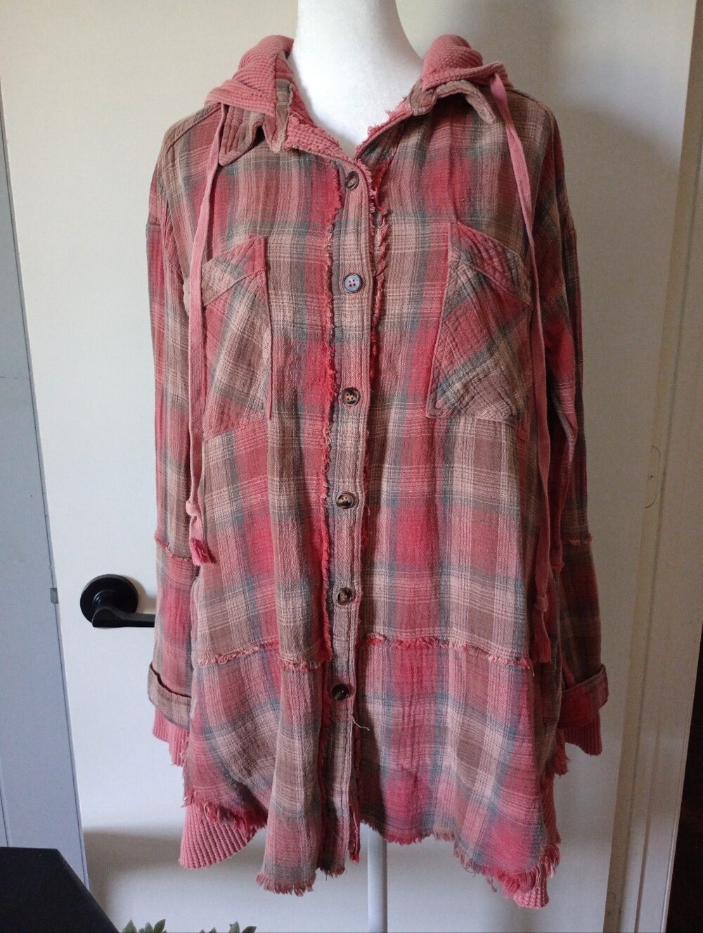 Women's Washed Plaid Button-Up Hoodie Shirt - Coral Pink